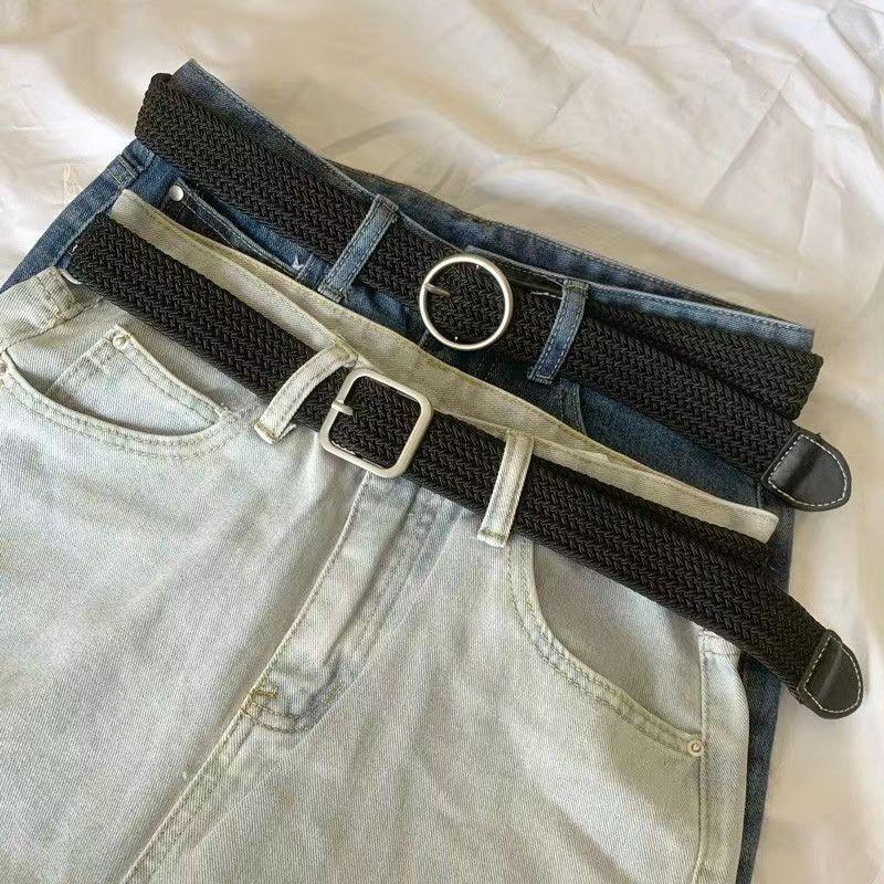 1Pc Woven Jeans Women's Men's Canvas Belt Women's Versatile Elastic Lazy Black Versatile Premium Belt