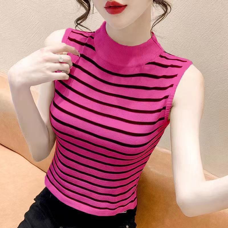 Women's Slim Short Half-high Neck Knitted Top Outerwear Layered Vest Sleeveless Small Striped