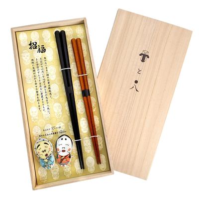 Tubbies Kutani Ware Chopstick Rest Maruhachi Natural Lacquer Chopsticks Pair Set Hyottoko Okame & (Paulownia Box) /