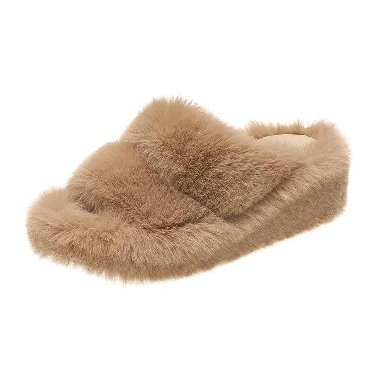 Mode Frau Pelzig Damen Kunstpelz Luxus Flauschig Plüsch Hausschuhe Haus Weich Fuzzy Mädchen Plateau Indoor Flach Lässig Sabot Runde Zehe Winter