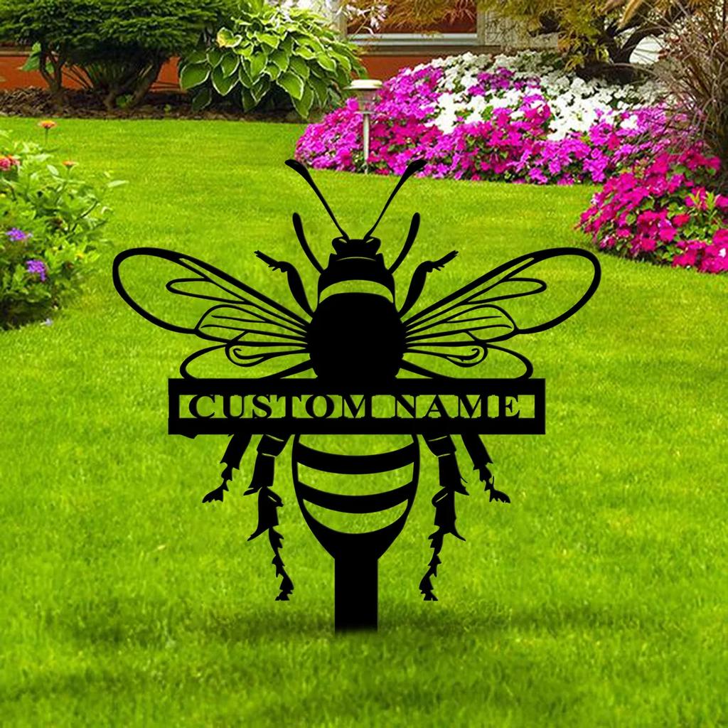 Metal Garden Stake, Personalized Bee Sign for Yard, Outdoor Metal Decor, Patio Art
