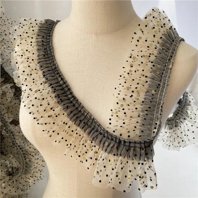 3 metry/partia 8 cm szerokości beżowa siatka czarna kropka tkanina/brązowe złote kropki plisy koronkowe wykończenie akcesoria do sukienki dla zwierząt/lalek