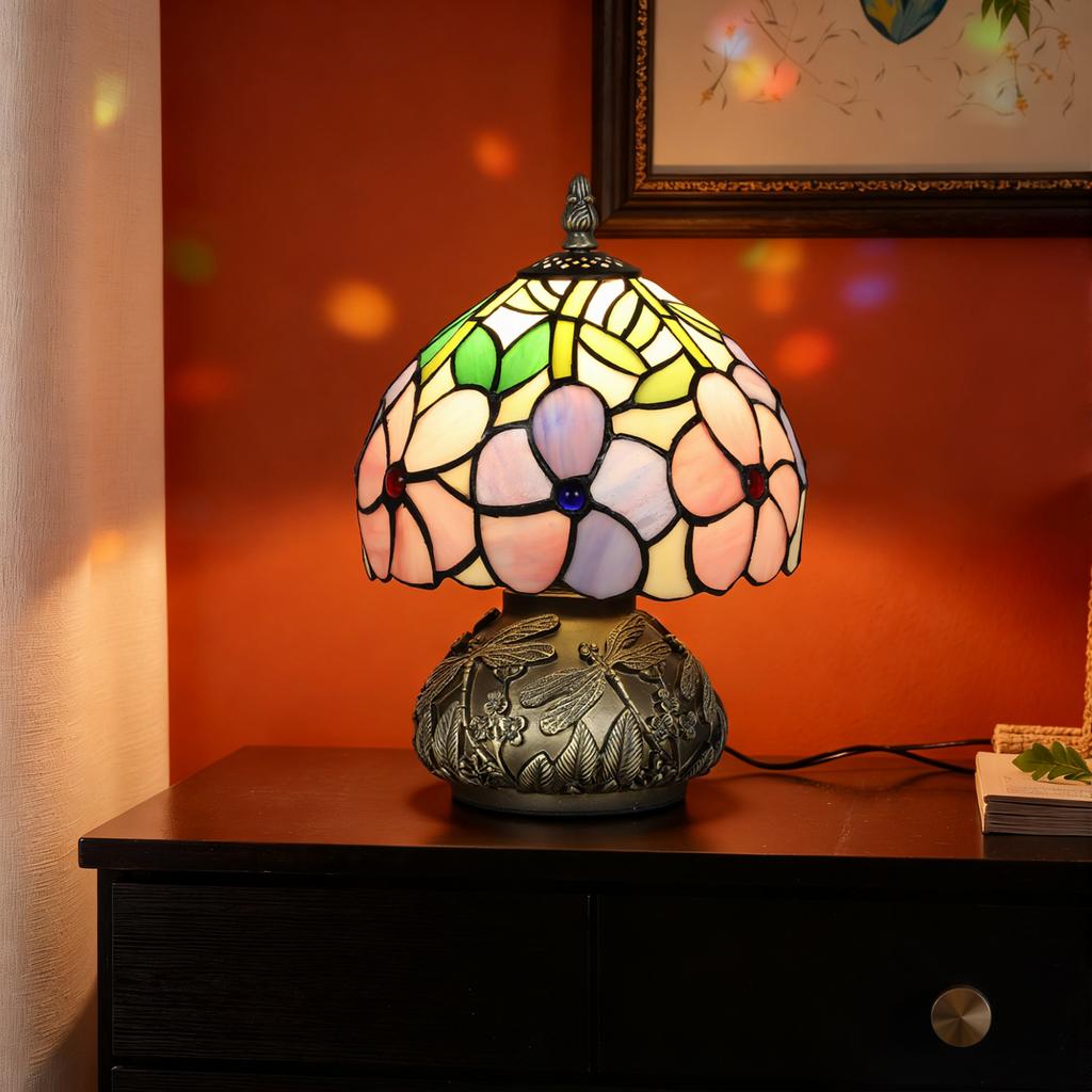 Tiffany-Style Table Lamp with Sculpted Dragonfly Base, Handcrafted Antique Stained Glass Bedside Lamp for Living Room and Bedroom, E27 Socket, Pink