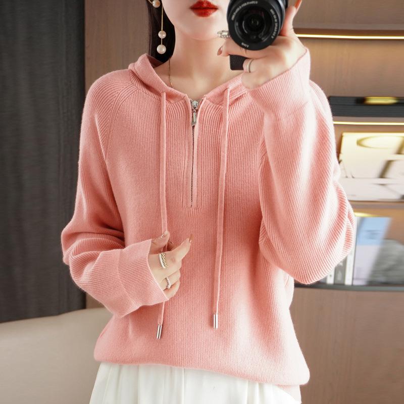 Hooded Solid Color Semi-new Drawstring Sweater Zipper Casual Loose Women's Pullover Andy Velvet Long-sleeved Bottoming Top