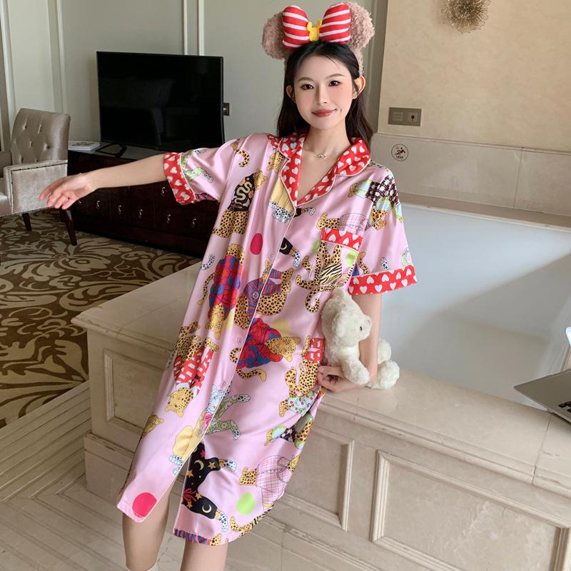 Sweet Leopard Summer Ice Silk Pajamas Women'S Little Love Printed Short Sleeve Homewear Pajamas Dress