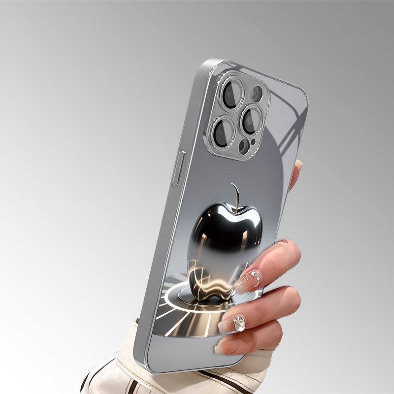 Metallic Gloss Silver For Apple Pattern Glass Phone Case For iPhone 11 12 13 14 15 16 17 18 Pro Max Plus Air Electroplate Cover