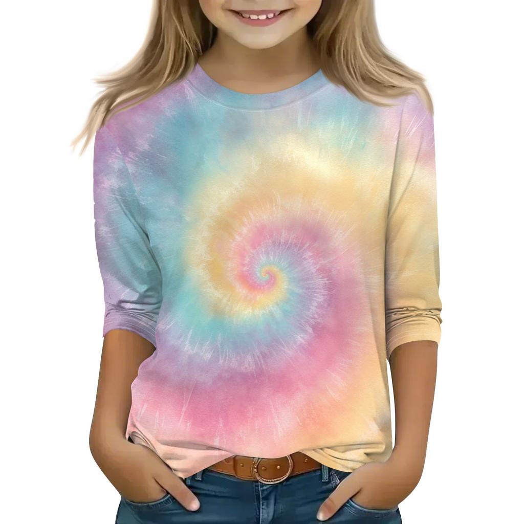 Print Tops For Youth Girls Round Neck 3/4 Sleeves T-Shirts Trendy Tops Outfit Tees