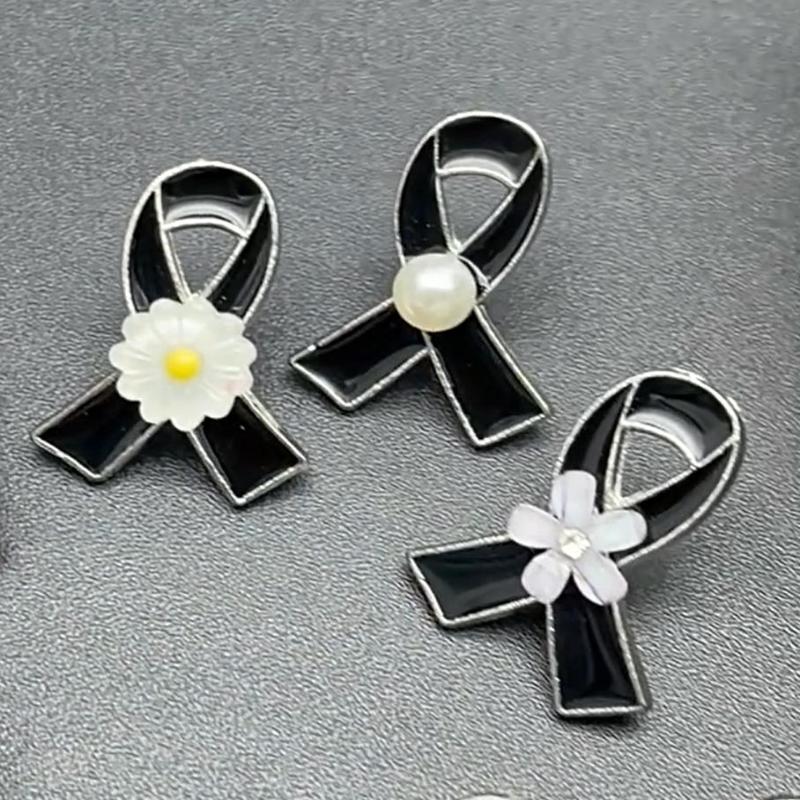 1Pcs French Romantic Pearl Brooches Jewelry Black Ribbon Awareness Pin Funeral Ribbon Badges Diy Accessories