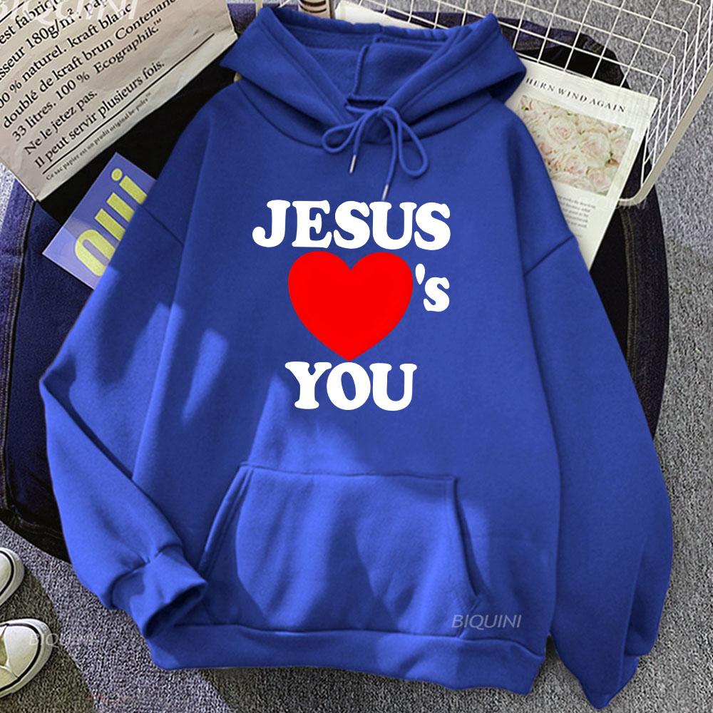 Chrześcijańskie Bluzy z Wersetami Biblijnymi Kocham Cię Jezu Czerwone Serce Nadruk Graficzny Bluzy Streetwear z Długim Rękawem Zimowe Pulowery