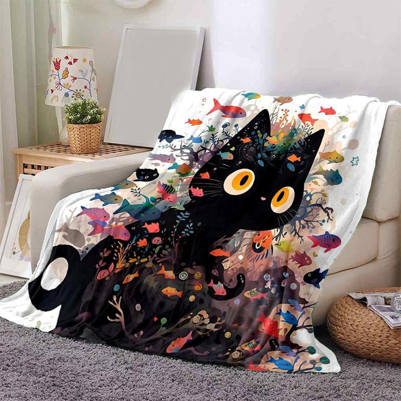 1pc Colorful Fish & Kitten Blanket  Soft Throw for Home Decor, Gift Idea, Living Room, Travel, Camping, Car Blankets