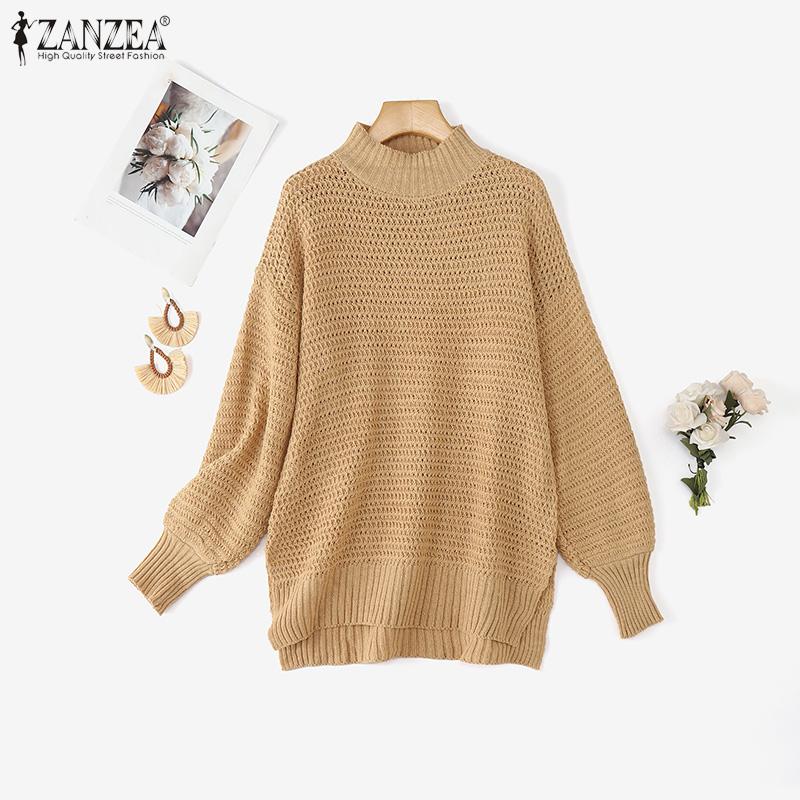 ZANZEA 4 цвета Женский свитер с высоким воротником длинным рукавом повседневный зимний вязаный длинный хаки 1993₽