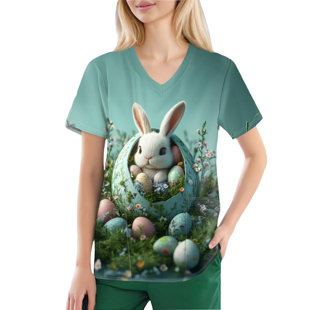 Dámská móda Overaly s krátkým rukávem a výstřihem do V s kapsami Topy s velikonočním potiskem Oblečení