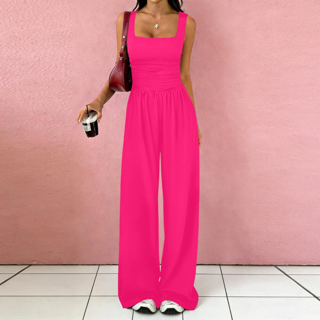 Women Sleeveless Wide Leg Jumpsuit Square Neck Ruched Bodice Casual Loose Fit Long Pants Outfit
