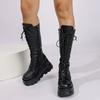 Damen Übergröße 35-43 Stiefel Neu Runde Zehenpartie Keilspitze Schnürung Dicke Sohle Reißverschluss Mid-Tube Stiefel Mädchenstil Hochwertige Schuhe