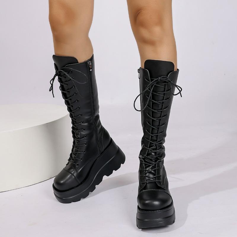 Damen Übergröße 35-43 Stiefel Neu Runde Zehenpartie Keilspitze Schnürung Dicke Sohle Reißverschluss Mid-Tube Stiefel Mädchenstil Hochwertige Schuhe