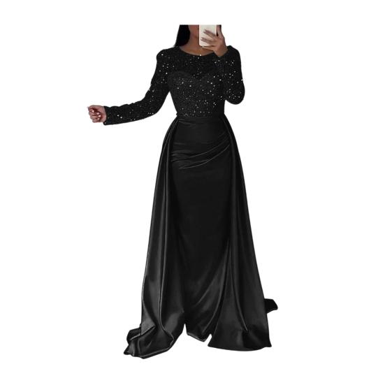 Sequin Sheer Mesh Long Sleeve Maxi Dress for Women Flowy Glitter A-line Long Dress Formal Cocktail Evening Gown