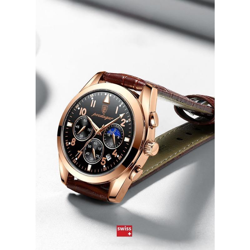 POEDAGAR Orologi da Uomo Moda Pelle Impermeabile Luminosi Top Brand Lusso Quarzo da Polso