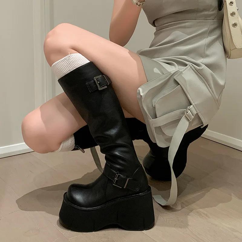 Women's Shoes Basic Women's Boots Classics Knee-High Boots Women Belt Buckle Side Zip Round Toe Wedge Platform Shoes Ladies