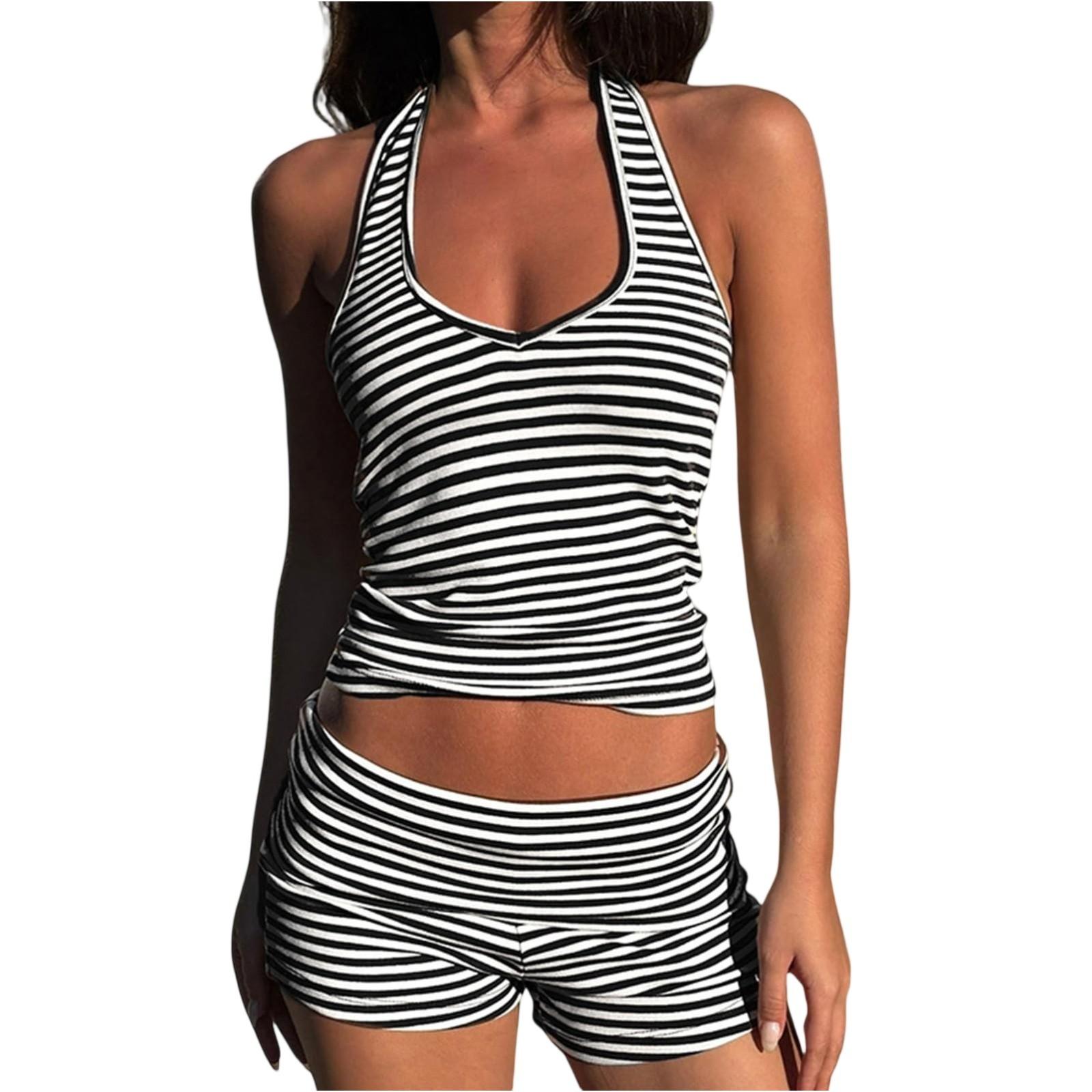 

Женский сексуальный полосатый принт, комплект шорт, топ-камезоль без рукавов с открытой спиной, комплект из двух предметов L чёрный