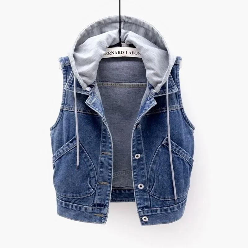 

Sleeveless Jeans Jacket Women Fashion Hooded Vests Jean Short Waistcoat Large Size Cotton Zipper Denim Vest Female XS синий
