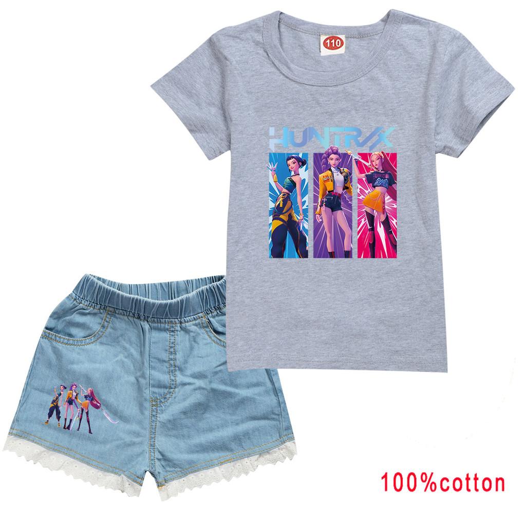 Dzieci Dziewczynki Anime Kreskówka Super Gwiazda Rumi Zoey Mira POP Piosenkarka Nadruk Bawełniana Koszulka z Krótkim Rękawem Szorty Jeansowe Zestaw Ubrań