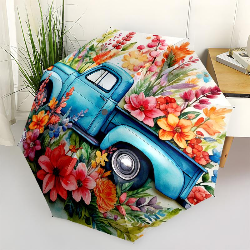 

Vintage Blue Truck with Colorful Flowers - Circular Wall Art Print Umbrella, Christmas Gift Y191