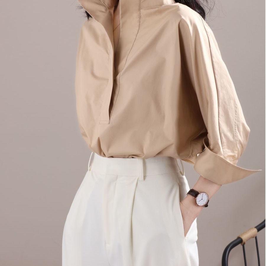 Loose-fit Batwing Women's Shirt with Stand-up Collar for Early Spring