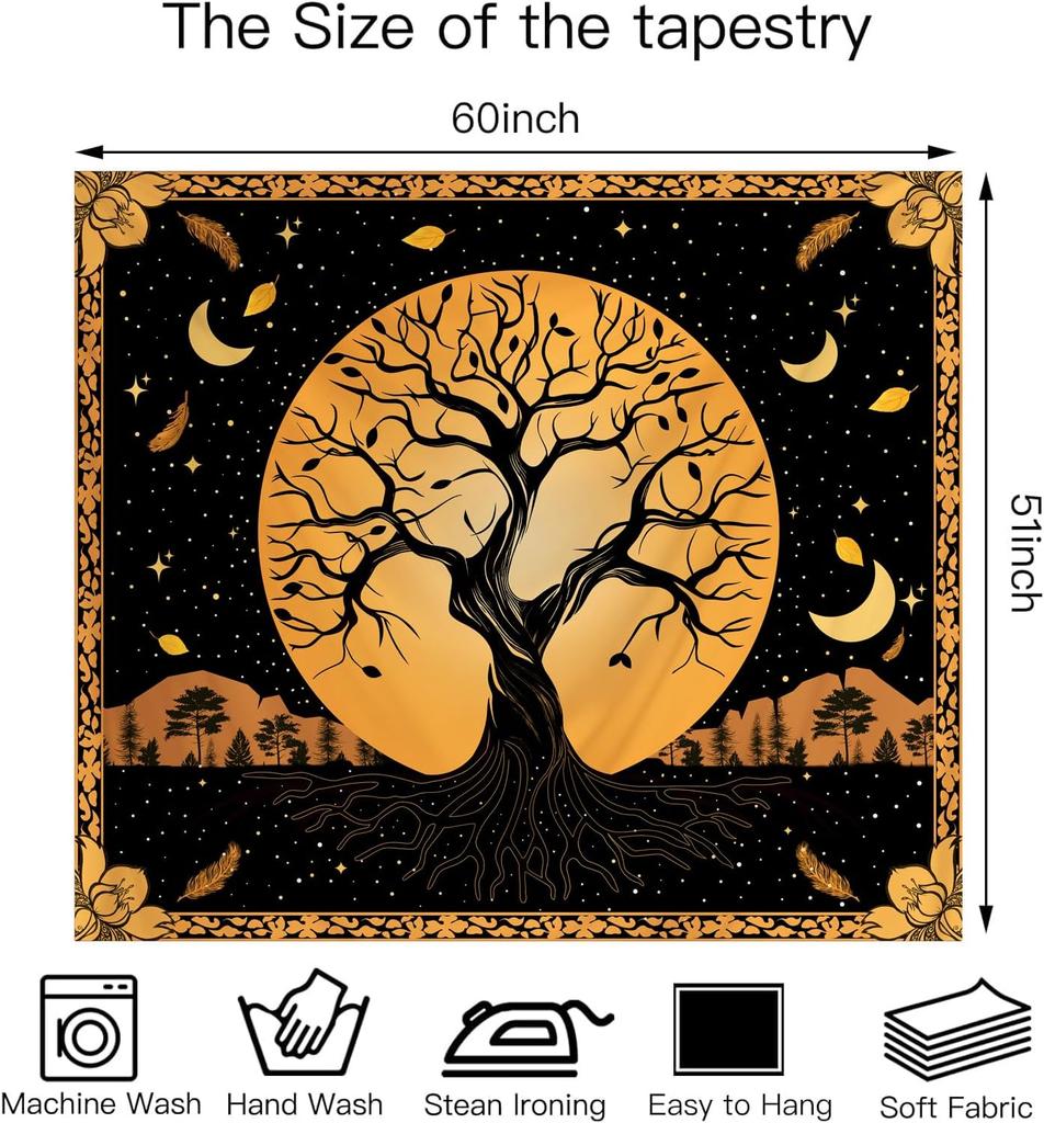 Tree Of Life Tapestry,Boho Design With Golden Tree,Moon Stars And Feathers On Black Background Print Wall Hanging For Home Decor