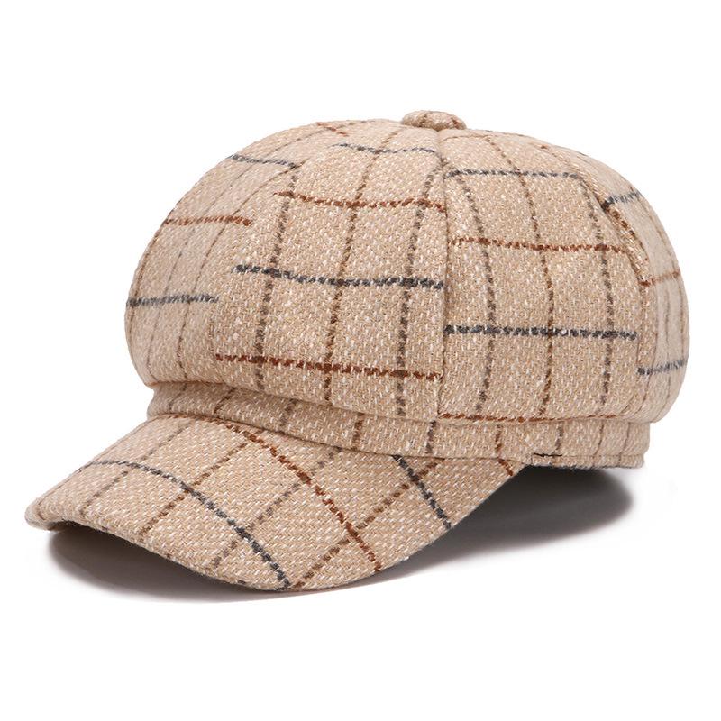 Béret en laine à carreaux pour femmes de style coréen - Casquette polyvalente à huit panneaux pour l'automne et l'hiver