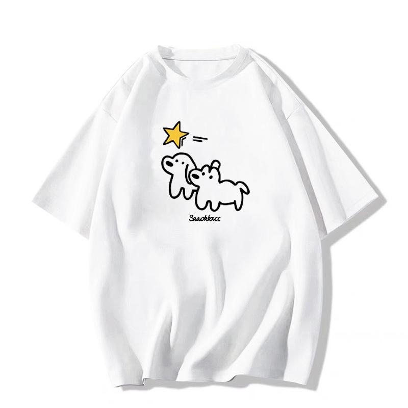 

2025 Лето Женская Футболка из Чистого Хлопка с Коротким Рукавом, Мультяшная, Ретро 3XL белый