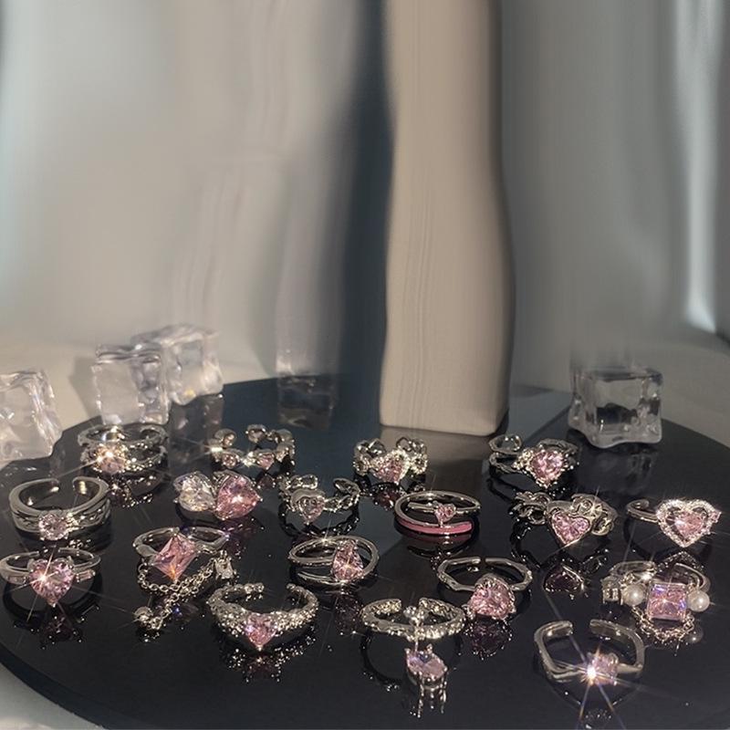 Sweet Pink Diamond Heart Adjustable Ring - Cool, Elegant, Inlaid Gems, High-End Design