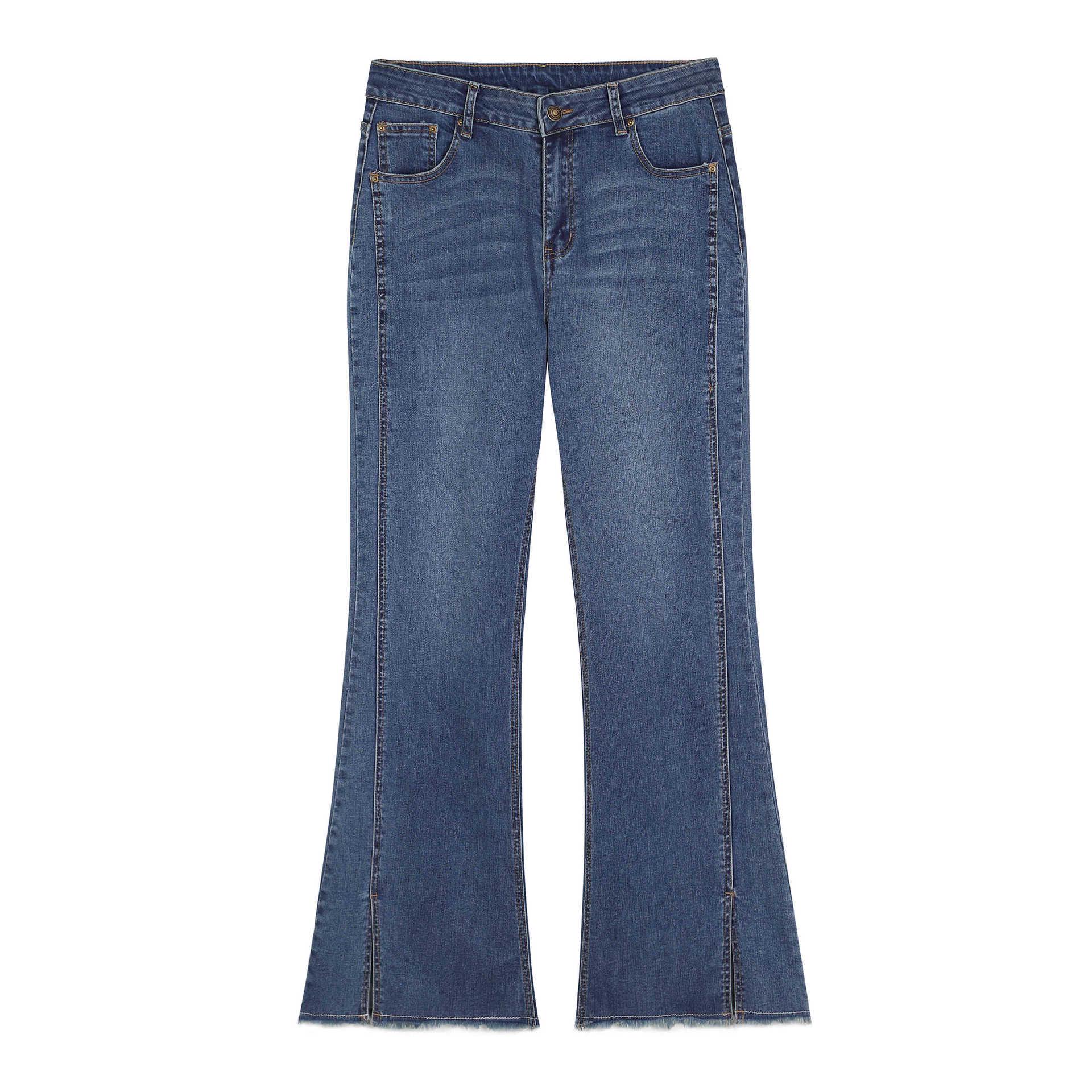 

High-Waisted Micro-Flare Vintage Jeans with Frayed Hem - Plus Size Slimming Tummy Concealment 4XL (180-200 lbs) темно-синий
