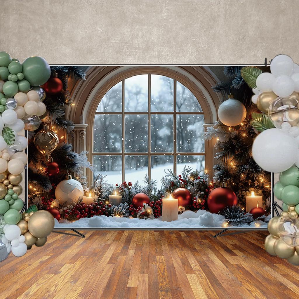 MOON.QG Christmas Home Decoration Photography Backdrop Portrait Baubles Candle Arch Window Background Decoration Photo Studio