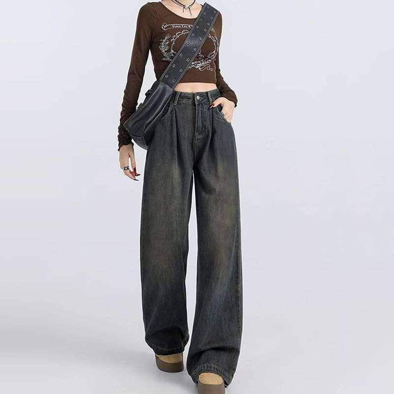 Women's Cement Gray High-Waisted Wide-Leg Jeans - Autumn Winter Retro Style, Petite Loose Fit