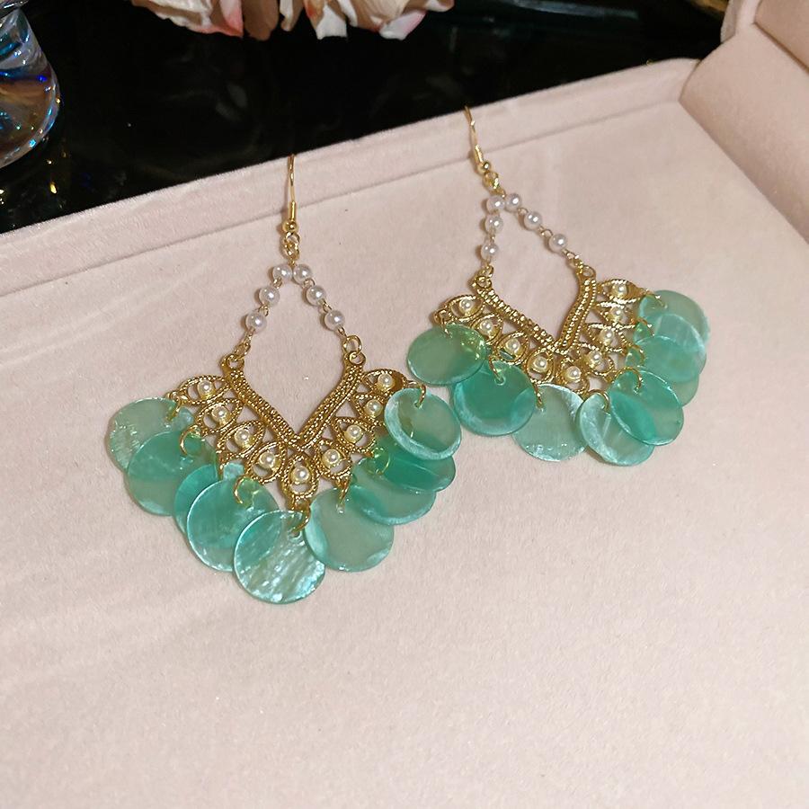Seaside vacation style flower shell fringed long earrings stud earrings women's earrings design sense