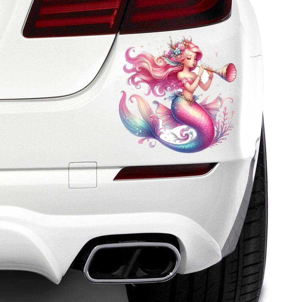 QT2373#15cm Whimsical Mermaid Playing Trombone Vibrant Pink Hair Car Sticker for Laptop, Truck,Motorcycle, Window