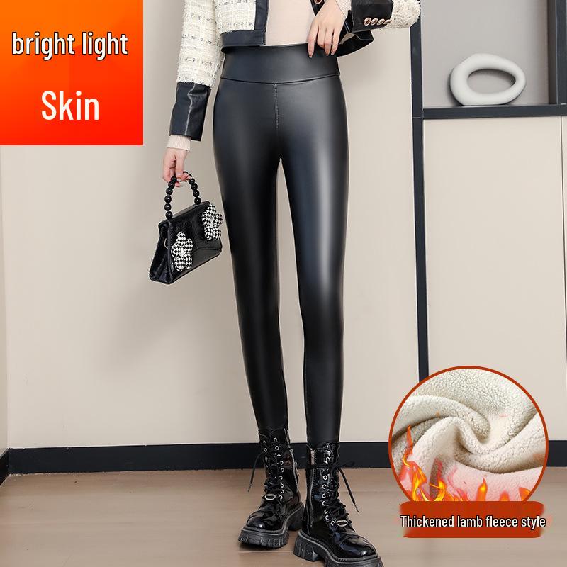 Women's High-Waist Lambswool Fleece-Lined Leather Pants: Slimming, Windproof, Warm Leggings