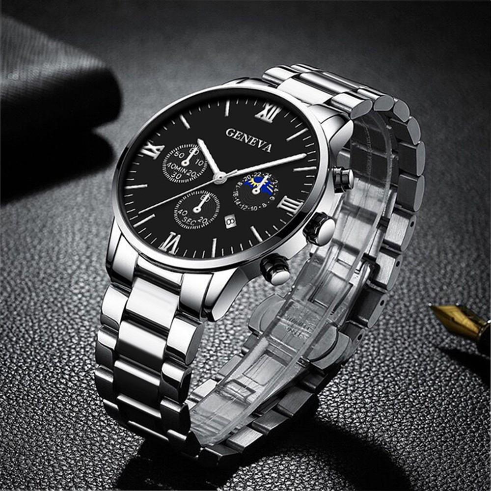 Men'S Business Watch Fake Three-Eye Calendar Roman Scale Quartz Watch Cross Necklace Bracelet Ring Set