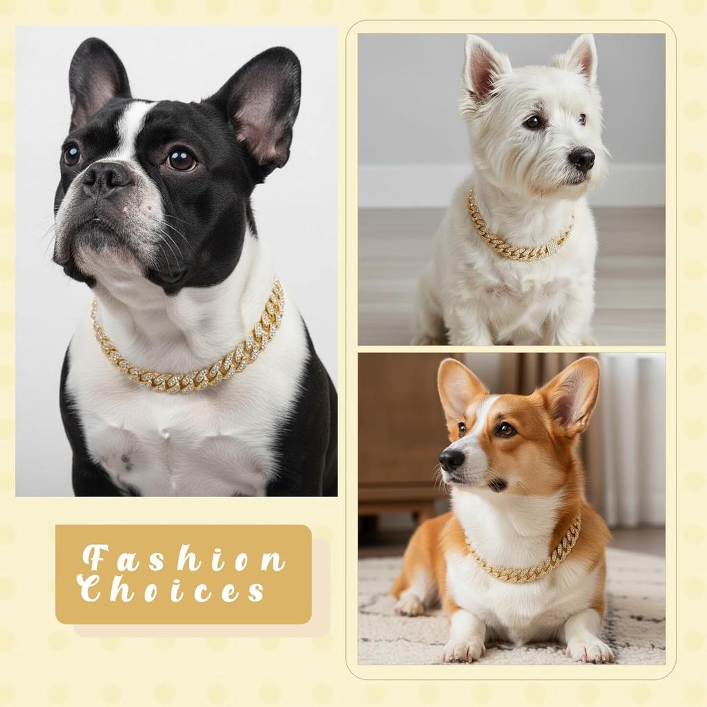 Tallew Dog Chain Diamond Collar Gold 16 Mm Wide Walking Metal Chain Necklace with Secure Buckle Pet Cuban Style Collar Jewelry Accessories for Small