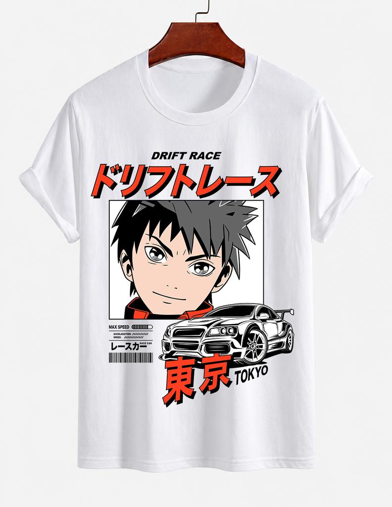 Unisexs Pure Cotton Solid Color Tshirt Tokyo Drift Racing Anime Shonen Print Crew Neck Shortsleeve Street Casual Top