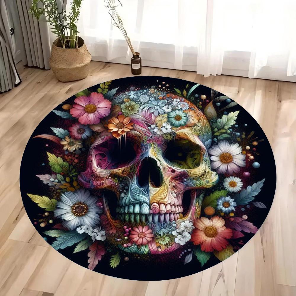Halloween Terrifying Rose Skull Round Carpet Gothic Rose Carpet Bedroom Living Room Decoration Halloween Gift