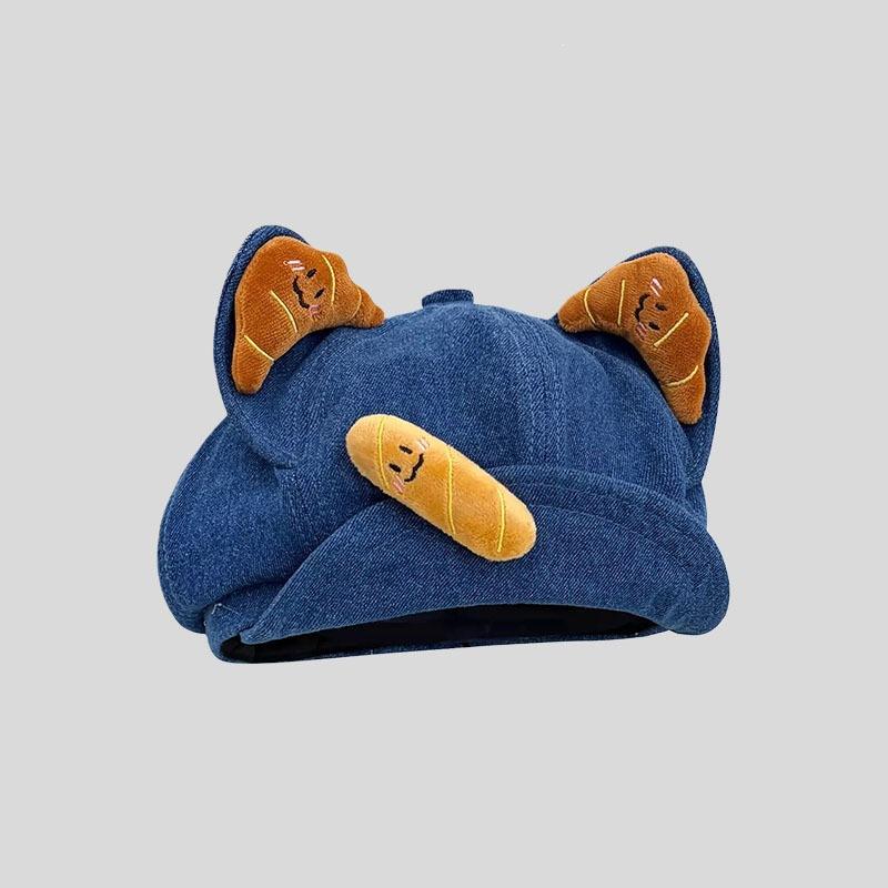 Japanese Cartoon Cute Croissant Cat Ear Cowboy Octagonal Hat Women'S Autumn And Winter Big Head Circumference Sweet Versatile Beret