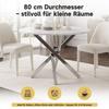 Runder Esstisch, 80 x 80 x 75 cm, Tischplatte in Marmoroptik, Beine in verzinktem Silber, moderner minimalistischer Stil, Weiß + Silber