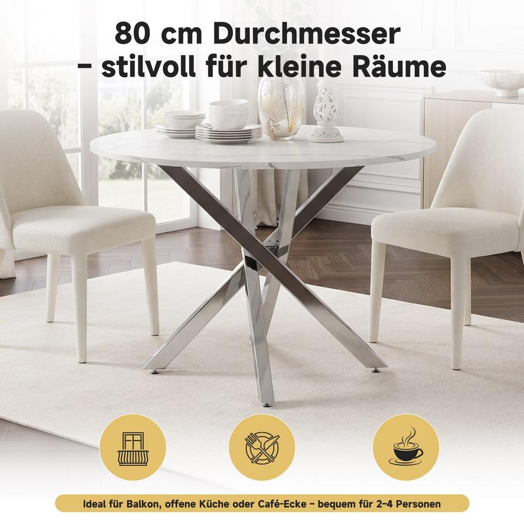 Runder Esstisch, 80 x 80 x 75 cm, Tischplatte in Marmoroptik, Beine in verzinktem Silber, moderner minimalistischer Stil, Weiß + Silber