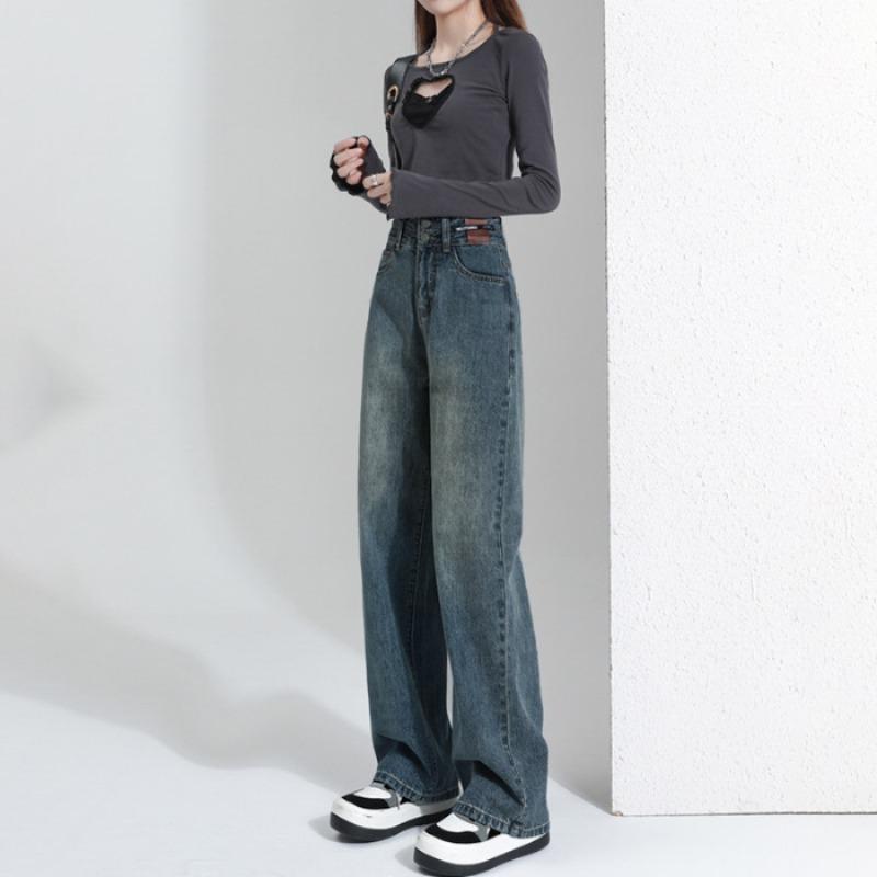 Fleece Straight Wide-leg Jeans Women's Spring and Autumn New Small High-waisted Loose Pants Winter