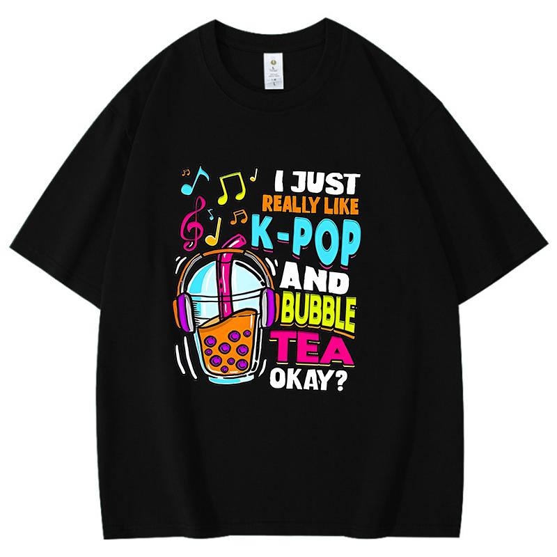 Pearl Milk Tea With Headphones On Print Cotton T Shirt Women Unisex I Like Kpop And Milk Tea Letter Print Pattern Hiphop Shirts