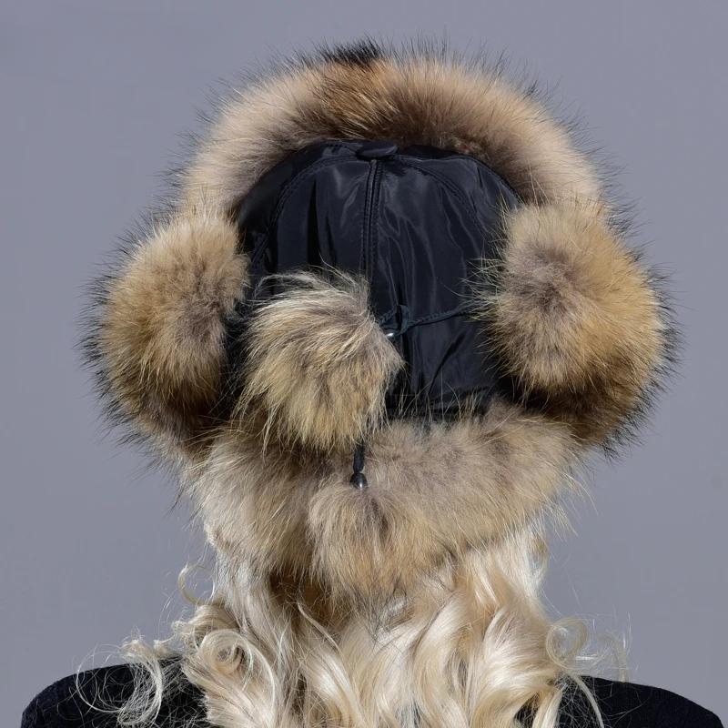 Woman Natural Raccoon Fox Fur Bomber Hats Fluffy Winter Warm Windproof Russian Earflaps Trapper Hat
