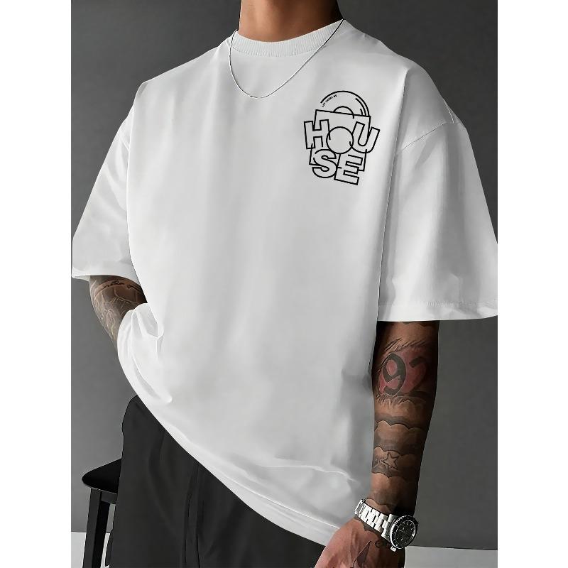 Men's EDM HOUSE Music T-Shirt - Black & White Color Block Tee with Deconstructed HOUSE Font Print, Round Neck Short Sleeve Suitable for Daily Wear