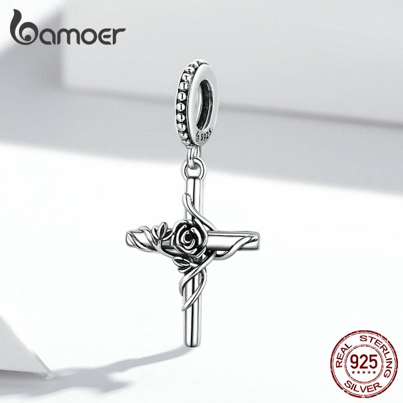 Bamoer 925 Sterling Silver Vintage Romantic Rose Vine and Cross Charm Pendant for Women Fine Jewelry