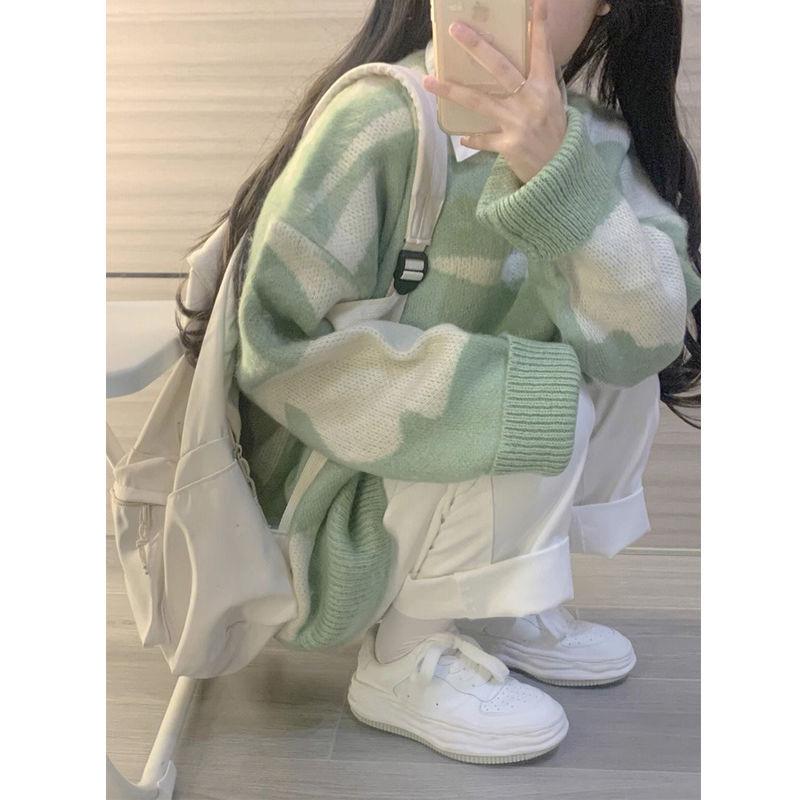 Women's Japanese Retro Colorblock Sweater - 2024 Spring/Autumn, Loose Lazy Style, Soft Inner Layer